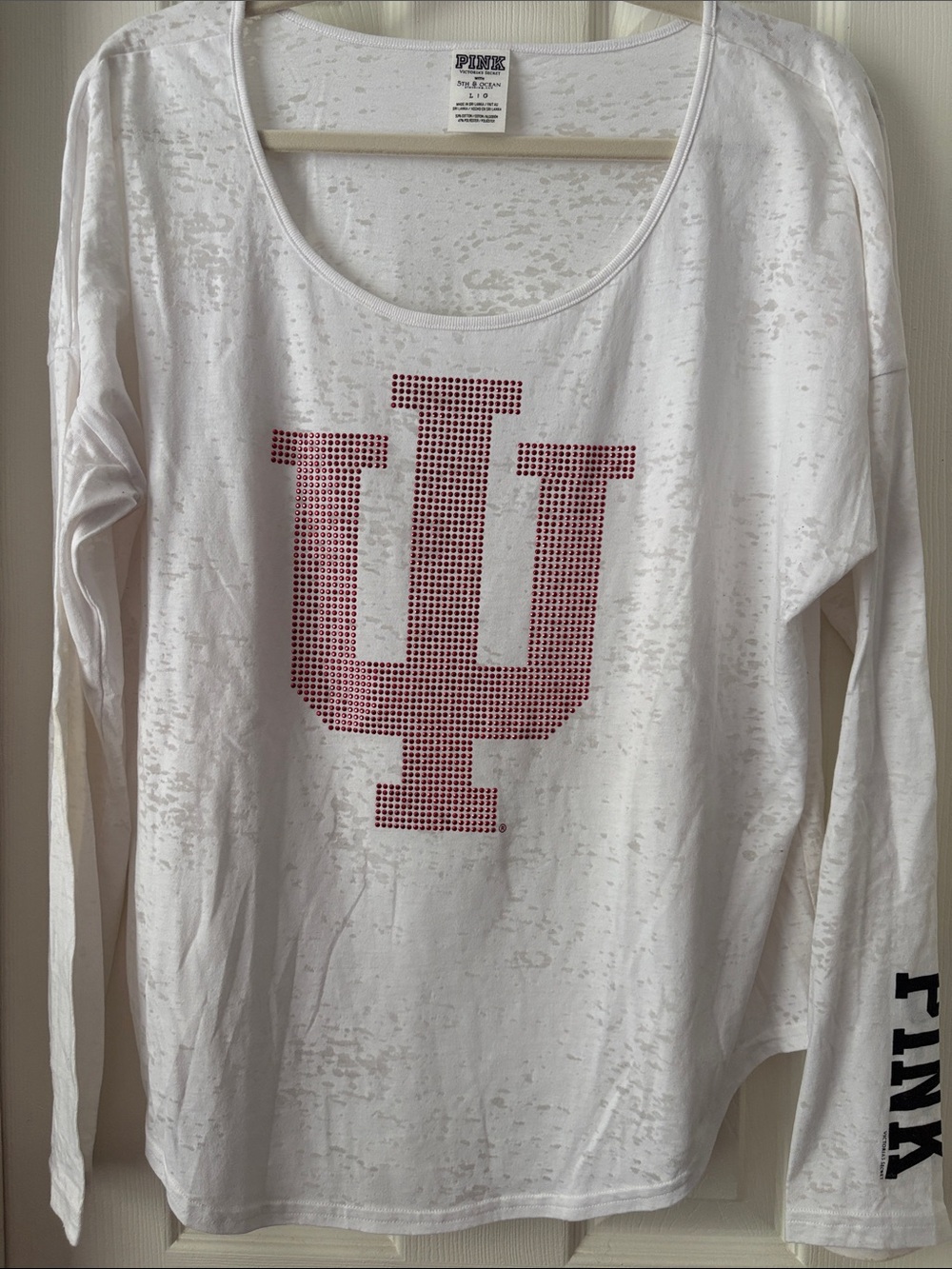 PINK Victoria's Secret IU Indiana college rhinestone White burnout shirt top L
